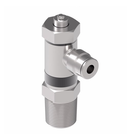 A55SCUX2.5X2 by Danfoss | Push to Connect Flow Control | Screwdriver Adjust | Right Angle | 5/32" Tube OD x 1/8" Male NPTF | Nickel Plated Brass