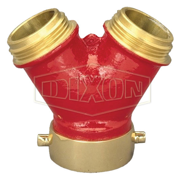 PW25F25F Dixon Brass Plain Wye with Pin Lugs - 2-1/2" Female NST(NH) Inlet x 2-1/2" Male NST(NH) Outlets (Two)