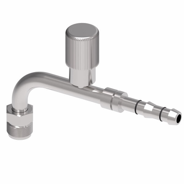 FJ3135-02-1012S E-Z Clip System by Danfoss | Male O-Ring 90° Elbow (Short Pilot) with R134a Low Side Port | A/C Refrigeration Fitting | -10 Male O-Ring Short Pilot x -12 Hose Barb | Steel