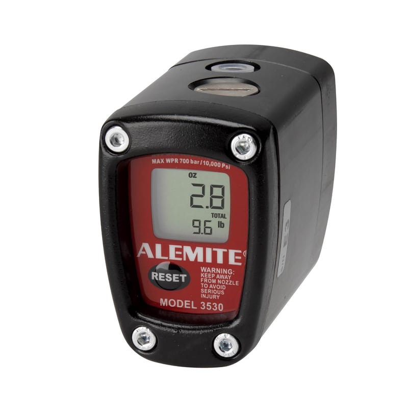 3530-B by Alemite | Electronic Grease Meter | Operating Pressure: 10000 PSI/700 bar | Flow rate: 0.4-11 lb/minute | Thread sizes: 1/4" Female NPTF in and out