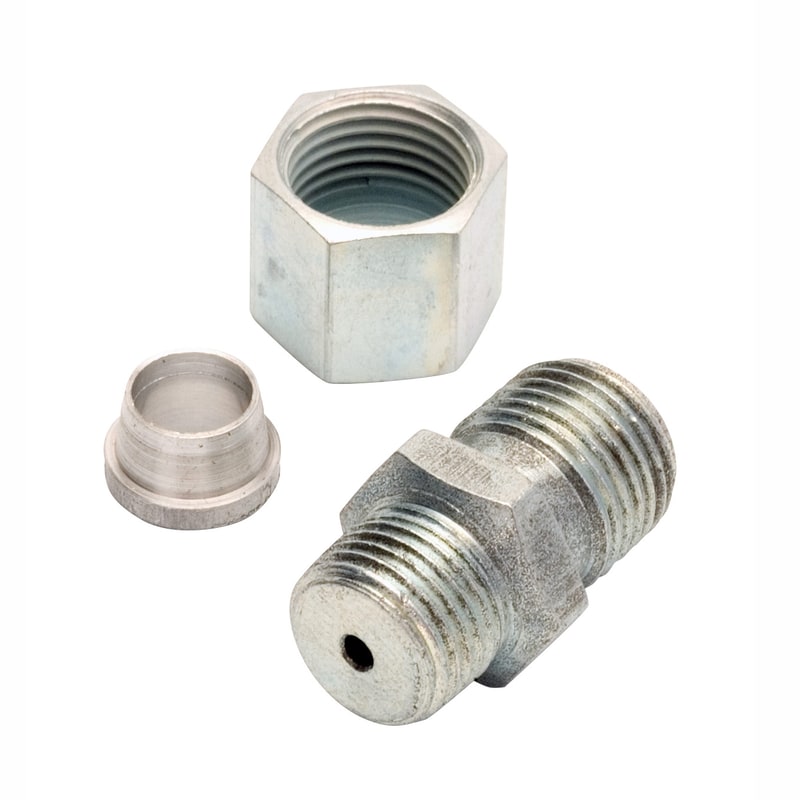 381281-4 by Alemite | Condensing Fitting | Inlet: 1/8" Female NPTF | Outlet: 1/8" Male NPTF | SAE Special Short | Length: 0.38" | Finish: Zinc