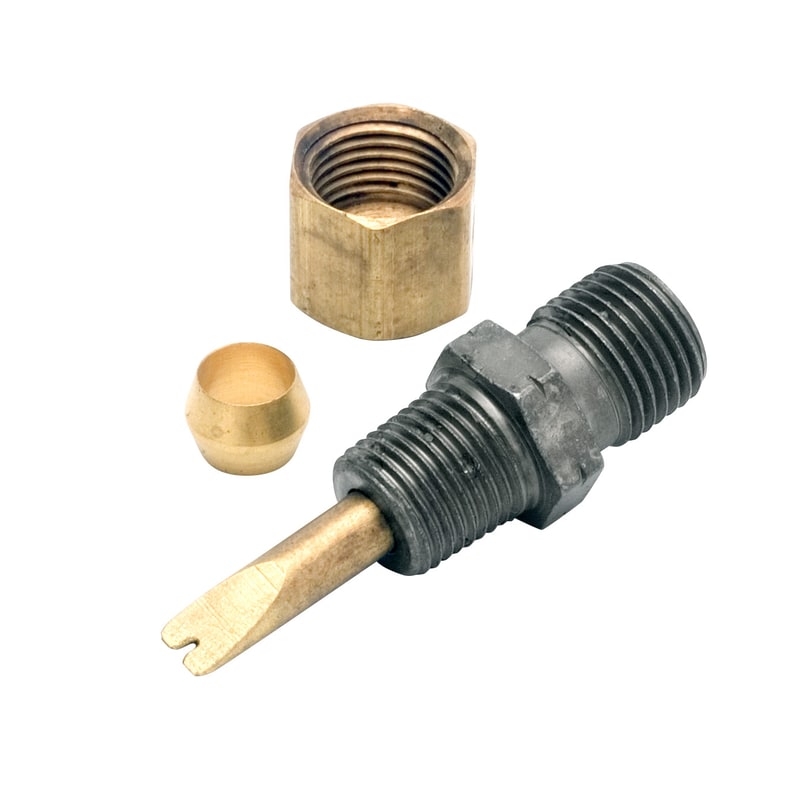 381288-3 by Alemite | Spray Fitting | Inlet: 1/4" Tube ftg. | Outlet: 1/8" Male NPTF | Length: 1.38" | Finish: Black Zinc