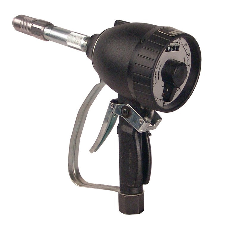 3691-C by Alemite | Mechanical Preset Meter | Dial Registers: Gallon | Fluids: Gear Oil, Motor Oil, ATF | Odometer Registers: Gallon | Dial range: Gallon (0-15) | Extension: Rigid | Valve inlet: 1/2" Female NPTF with swivel | Max Operating PSI: 1000 PSI