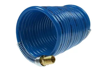 S38-12 by Coilhose | Stowaway™ Heavy Duty Coiled Air Hose | 3/8" Hose ID | 3/8" Male NPT Thread | 2 Rigid Fittings | Blue | Nylon | 12ft
