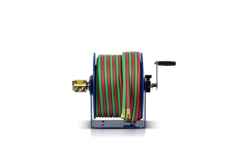 112WT-1-50 by Coxreels | 100W Series | 200 PSI Hand Crank Hose Reel for Oxy-Fuel Welding (T-Grade) | 1/4" Hose ID, 1/4" FNPT Inlet x 1/4" MNPT Hose End | Steel | 50ft Twin Neoprene Hose Included