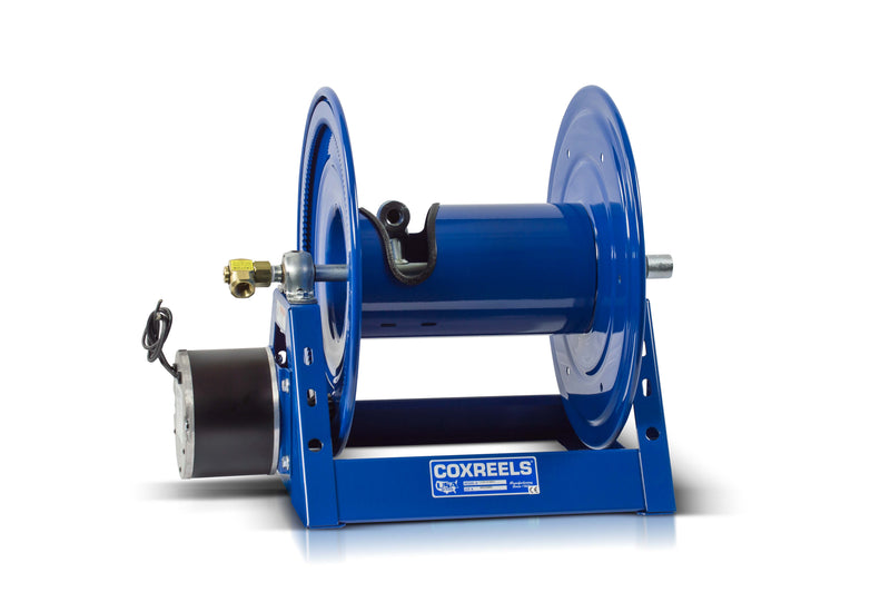 1125-4-200-E by Coxreels | 1125 Series | 3,000 PSI Motor Driven Hose Reel | 12V DC 1/3 HP Electric Motor | 1/2" Hose ID, 1/2" FNPT Inlet | Steel | 200ft Capacity, Hose Not Included