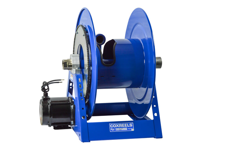 1185-2024-EA by Coxreels | 1185 Series | 1,500 PSI Motor Driven Hose Reel | 115V AC 1/2 HP Explosion Proof Electric Motor | 1-1/2" Hose ID, 1-1/2" FNPT Inlet | Steel | 100ft Capacity, Hose Not Included