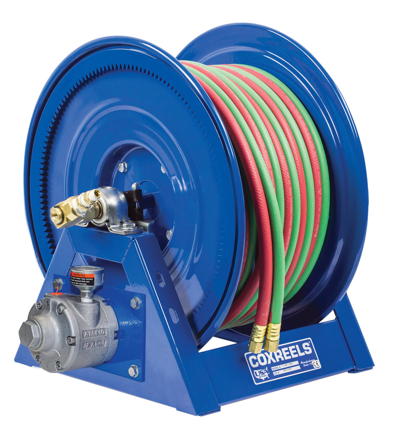 1275W-3-150-A by Coxreels | 1275W Series | 200 PSI Dual Hose Motor Driven Hose Reel for Oxy-Fuel Welding (T-Grade) | #4 Gast Air Motor | 3/8" Hose ID, 3/8" FNPT Inlet x 3/8" MNPT Hose End | Steel | 150ft EPDM Hose Included