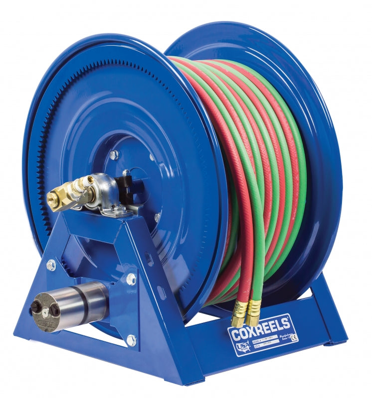 1275WL-3-100-A by Coxreels | 1275W Series | 200 PSI Dual Hose Motor Driven Hose Reel for Oxy-Fuel Welding (T-Grade) | #4 Gast Air Motor | 3/8" Hose ID, 3/8" FNPT Inlet | Steel | 100ft Capacity, Hose Not Included
