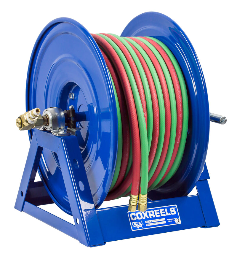1275W-3-100-C by Coxreels | 1275W Series | 200 PSI Dual Hose Hand Crank Hose Reel for Oxy-Fuel Welding (T-Grade) | 3/8" Hose ID, 3/8" FNPT Inlet x 3/8" MNPT Hose End | Steel | 100ft EPDM Hose Included