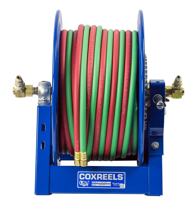 1275WT-3-150-C by Coxreels | 1275W Series | 200 PSI Dual Hose Hand Crank Hose Reel for Oxy-Fuel Welding (T-Grade) | 3/8" Hose ID, 3/8" FNPT Inlet x 3/8" MNPT Hose End | Steel | 150ft Neoprene Hose Included