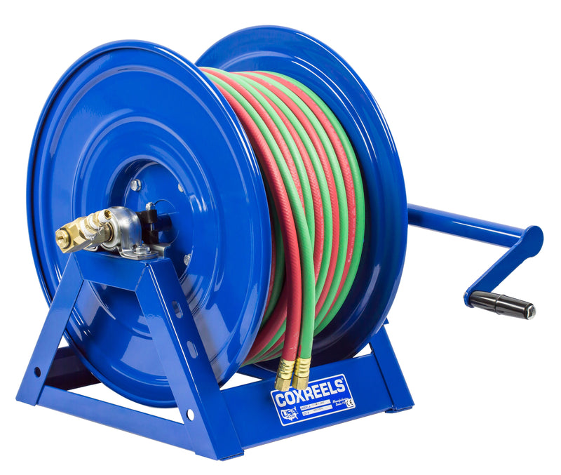 1275W-3-250-C by Coxreels | 1275W Series | 200 PSI Dual Hose Hand Crank Hose Reel for Oxy-Fuel Welding (T-Grade) | 3/8" Hose ID, 3/8" FNPT Inlet x 3/8" MNPT Hose End | Steel | 250ft EPDM Hose Included