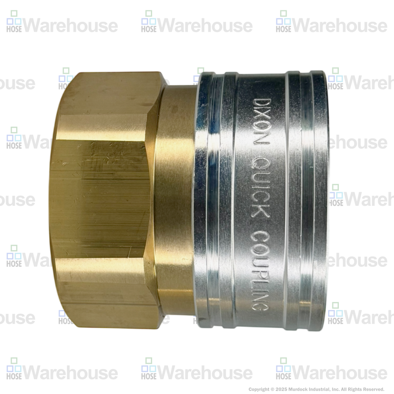 12EF12-B by Dixon Valve | Hydraulic Quick Disconnect Coupling | E-Series | 1-1/2" Female NPTF x 1-1/2" Straight-Through Interchange | Socket | Nitrile Seal | Brass