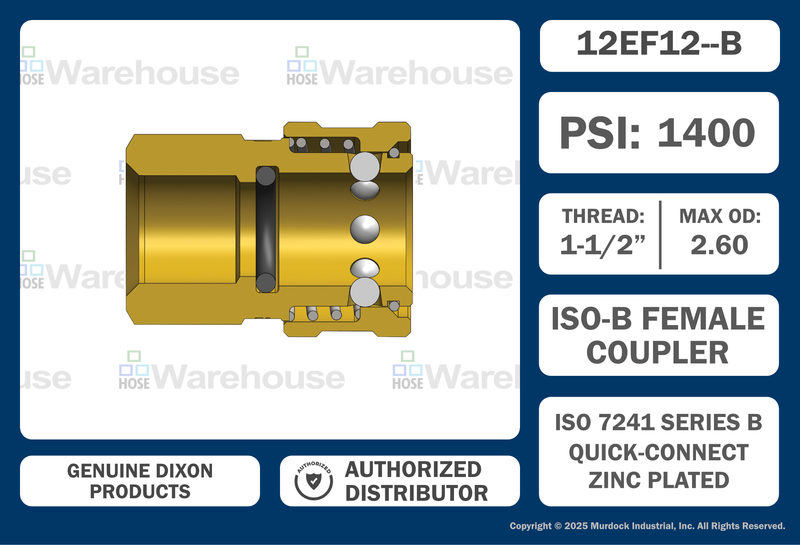 12EF12-B by Dixon Valve | Hydraulic Quick Disconnect Coupling | E-Series | 1-1/2" Female NPTF x 1-1/2" Straight-Through Interchange | Socket | Nitrile Seal | Brass