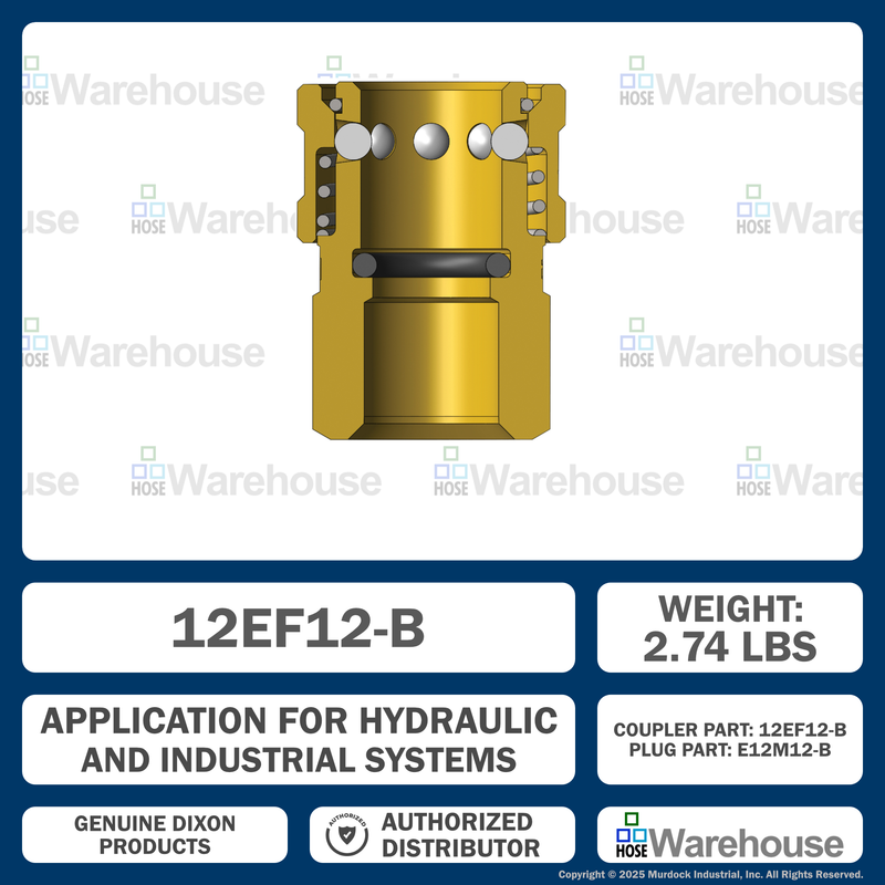 12EF12-B by Dixon Valve | Hydraulic Quick Disconnect Coupling | E-Series | 1-1/2" Female NPTF x 1-1/2" Straight-Through Interchange | Socket | Nitrile Seal | Brass