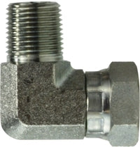150168 by Midland | Hydraulic Male Swivel Adapter | 3/8" Male Pipe x 1/2" Female NPSM | 90° Elbow | Steel