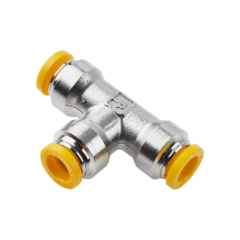164PLP-8M by Parker | Prestolok PLP Push-to-Connect Fittings | Threaded Fitting | 8mm Union Tube Size x 8mm Union Tube Size x 8mm Union Tube Size | 24.58mm Length | 6.350mm Flow Dia. | Tee | Nickel-Plated Brass | Pack of 10