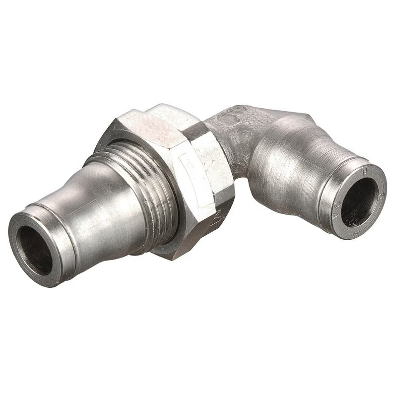 165PLMBH-14M by Parker | Prestolok PLM Metal Push-to-Connect Fittings | Bulkhead | 14 mm Tube Size | 59.00 mm Length | 27 mm Height | 90° Elbow | Electroless Nickel-Plated Brass | Pack of 5