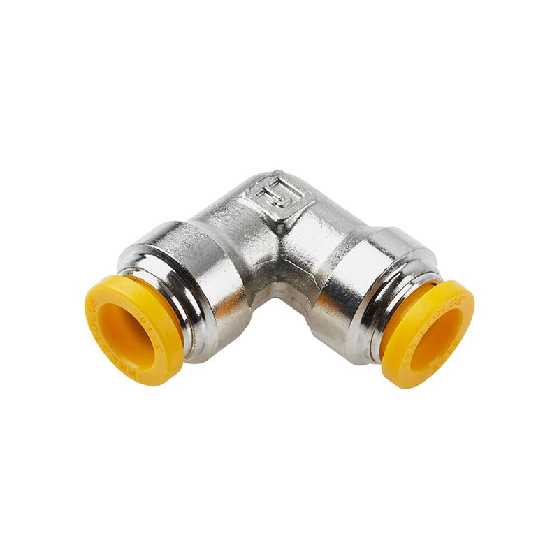 165PLP-8M by Parker | Prestolok PLP Push-to-Connect Fittings | Tube to Tube Fitting | 8mm Union Tube Size | 24.21mm Length | 6.350mm Flow Dia. | 90° Elbow | Nickel-Plated Brass | Pack of 10