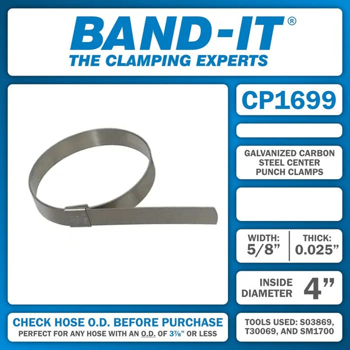 CP1699 by Band-It | Center Punch Clamp | 4" ID | 5/8" Width | 0.025" Thickness | Galvanized Carbon Steel | 25/Box