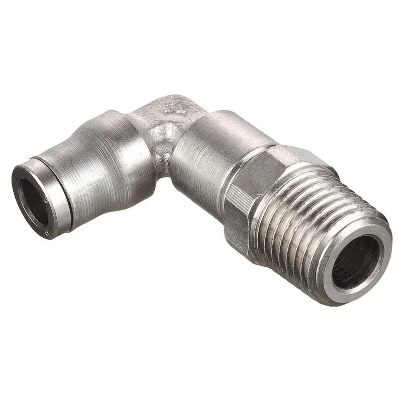 169PLMX-6M-4R by Parker | Prestolok PLM Metal Push-to-Connect Fittings | Threaded Fitting | 6 mm Tube Size x 1/4" Male BSPT Threads | 15.00 mm Height | 90° Long Elbow | Electroless Nickel-Plated Brass | Pack of 10