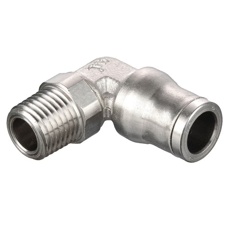 169PLM-8M-2R by Parker | Prestolok PLM Metal Push-to-Connect Fittings | Threaded Fitting | 8 mm Tube Size x 1/8" Male BSPT Threads | 12.00 mm Height | 90° Elbow | Electroless Nickel-Plated Brass | Pack of 10