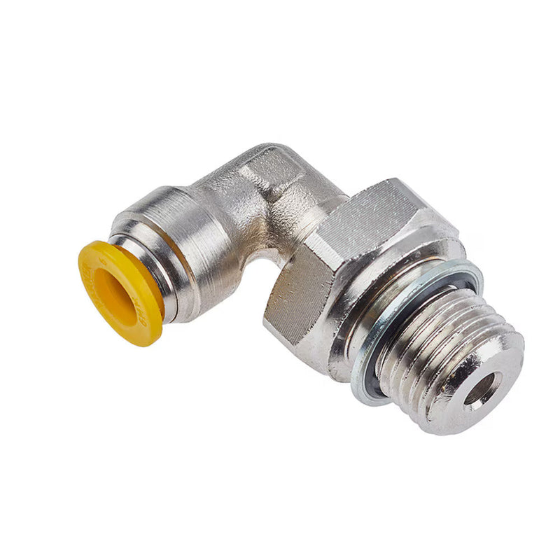 169PLP-6M-6G by Parker | Prestolok PLP Push-to-Connect Fittings | Threaded Fittings | 6mm Swivel x 3/8" Male BSPP Thread | 11/16" Hex | 19.12mm Length (L) | 31.04mm (N) | 2.425mm Flow Dia. | 90° Elbow | Nickel-Plated Brass | Pack of 10