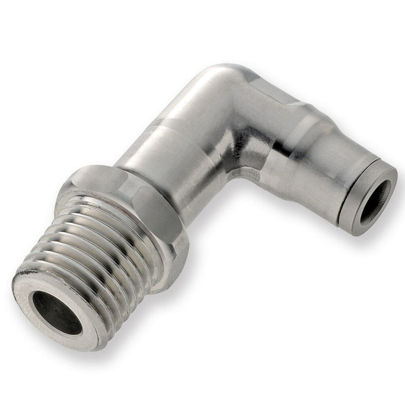 169PLSX-6M-2 by Parker | Prestolok PLS Push-to-Connect Fittings | Threaded Fitting | 6 mm Tube Size x 1/8" Male NPT Threads | 13 mm Height | 90° Long Elbow | Stainless Steel | Pack of 2