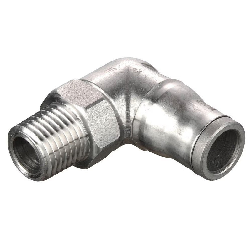 169PLS-6M-2R by Parker | Prestolok PLS Push-to-Connect Fittings | Threaded Fitting | 6 mm Tube Size x 1/8" Male BSPT Threads | 13 mm Height | 90° Elbow | Stainless Steel | Pack of 5