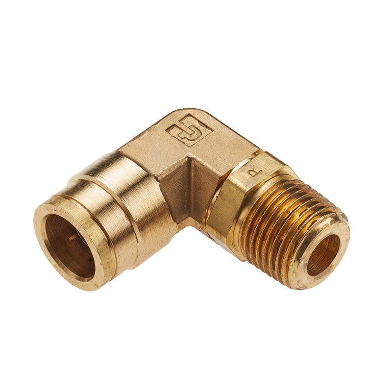 169PTC-6-4 by Parker | Threaded Fitting | 3/8" Swivel Push-to-Connect Connector x 1/4" Male NPT Pipe Thread | 11/16" Hex | 90° Elbow | Brass | Pack of 10
