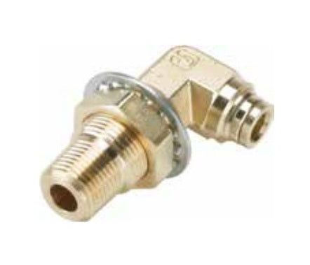 169PTCNSBH-6-8 by Parker | Bulkhead Union | 3/8" Push-to-Connect x 1/2" Male NPT Threads | 7/8" Hex B | 1-1/4 Hex C | 90° Elbow | Brass | Pack of 10