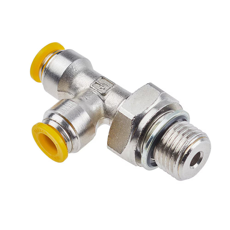 171PLP-10M-6G by Parker | Prestolok PLP Push-to-Connect Fittings | Threaded Fitting | 10mm Swivel Push-to-Connect x 10mm Swivel Push-to-Connect x 3/8" Male BSPP Thread | 7/8" Hex | Tee | Nickel-Plated Brass | Pack of 10