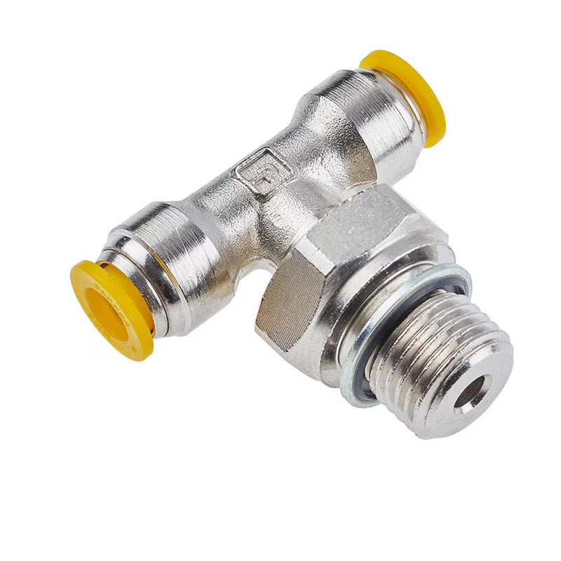 172PLP-4M-2G by Parker | Prestolok PLP Push-to-Connect Fittings | Threaded Fitting | 4mm Swivel Push-to-Connect x 4mm Swivel Push-to-Connect x 1/8" Male BSPP Thread | 9/16" Hex | Tee | Nickel-Plated Brass | Pack of 10