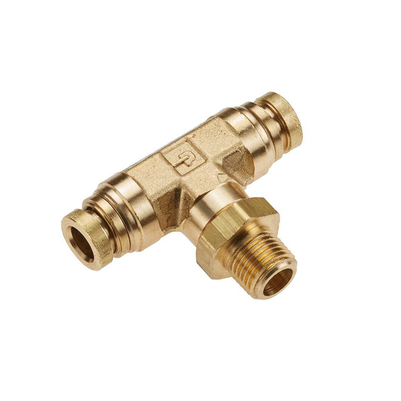 172PTC-6-4 by Parker | Threaded Fitting | 3/8" Swivel Push-to-Connect x 1/4" Male NPT Threads | 11/16" Hex | 2.20" Length | Tee | Brass | Pack of 10