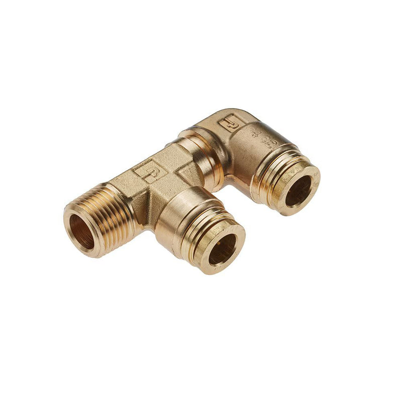 189PTC-6-6-6 by Parker | Threaded Fitting | 3/8" & 3/8" Dual Port Push-to-Connect x 3/8" Male NPT Threads | 90° Elbow | Brass | Pack of 10