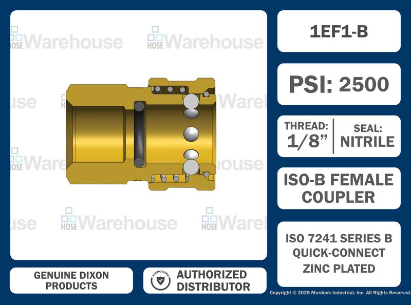 1EF1-B by Dixon Valve | Hydraulic Quick Disconnect Coupling | E-Series | 1/8" Female NPTF x 1/8" Straight-Through Interchange | Socket | Nitrile Seal | Brass