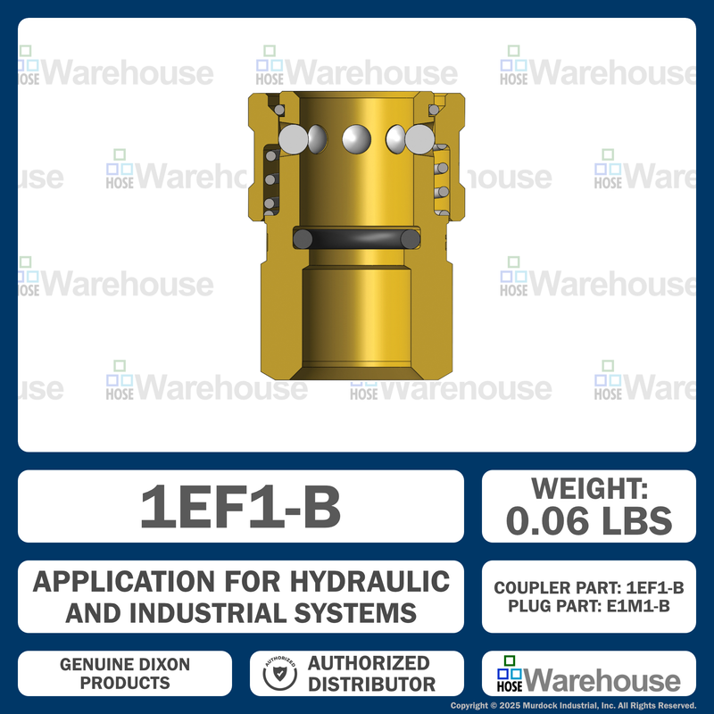 1EF1-B by Dixon Valve | Hydraulic Quick Disconnect Coupling | E-Series | 1/8" Female NPTF x 1/8" Straight-Through Interchange | Socket | Nitrile Seal | Brass