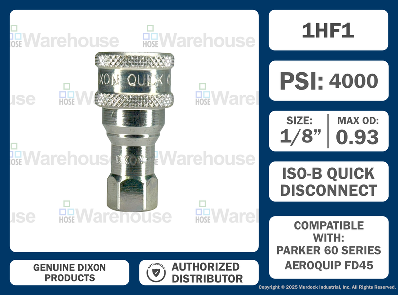 1HF1 by Dixon Valve | Hydraulic Quick Disconnect Coupling | H-Series | 1/8" Female NPTF x 1/8" ISO-B Interchange | Socket | Nitrile Seal | Steel