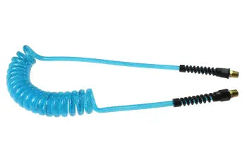 PUE38-104-T by Coilhose | Flexeel® Reinforced Coiled Air Hose | 3/8" Hose ID x 9/16" Hose OD | 1/4" Male NPT Rigid Reusable Strain Relief Fittings | Transparent Blue | Polyurethane | 10ft
