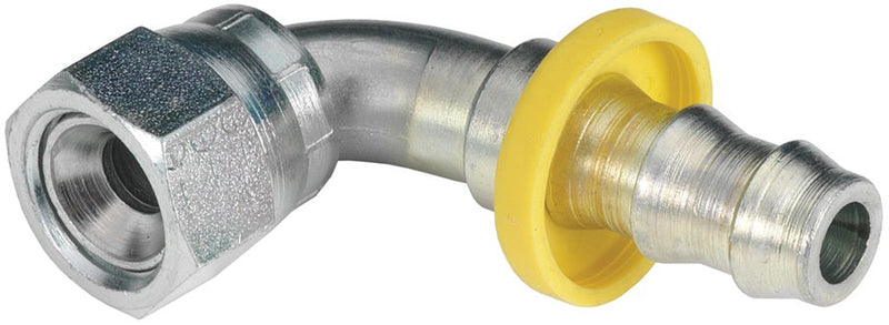 2890610CSAE by Dixon Valve | Push-On Hose Barb Fitting | Female 45° SAE Swivel | 90° Elbow | 3/8" Tube OD | 3/8" Hose ID x 3/8" Female SAE 45° Flare | Plated Steel