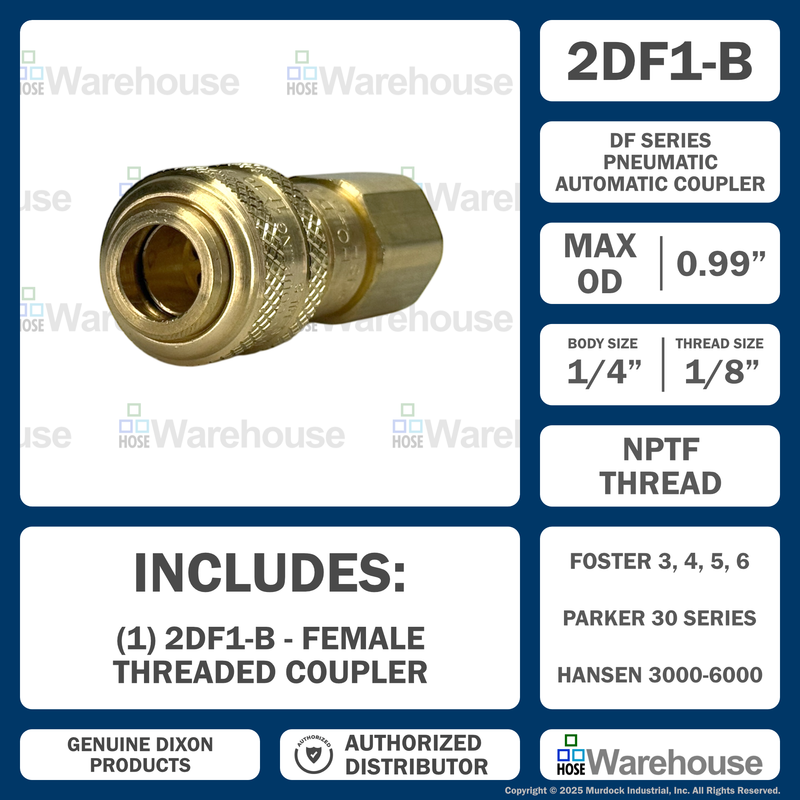 2DF1-B by Dixon Valve | Pneumatic Quick Disconnect Coupling | D-Series | 1/8" Female NPTF x 1/4" Automatic Industrial Interchange | Socket | Nitrile Seal | Brass