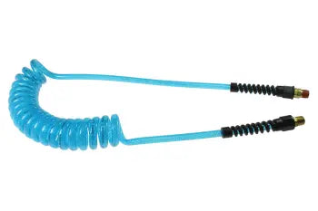 PUE14-20A-T by Coilhose | Flexeel® Reinforced Coiled Air Hose | 1/4" Hose ID x 3/8" Hose OD | 1/4" Male NPT Rigid/Swivel Reusable Strain Relief Fittings | Transparent Blue | Polyurethane | 20ft