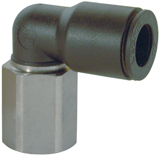 30096218 by Dixon Valve | Legris Push-In Fitting | Female Connector | 90° Elbow | 1/2" Tube OD x 3/8" Female NPT | Nylon / Nickel-Plated Brass