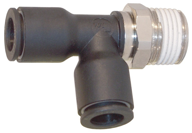 31035320 by Dixon Valve | Legris Push-In Fitting | Male Run Tee | 1/8" Tube OD x 10-32 Male UNF x 1/8" Tube OD | Nylon / Nickel-Plated Brass