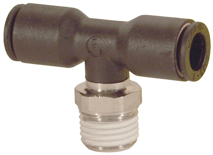 31080810 by Dixon Valve | Legris Metric Push-In Fitting | Male Branch Tee | 8mm Tube OD x 1/8" Male BSPT x 8mm Tube OD | Nylon / Nickel-Plated Brass