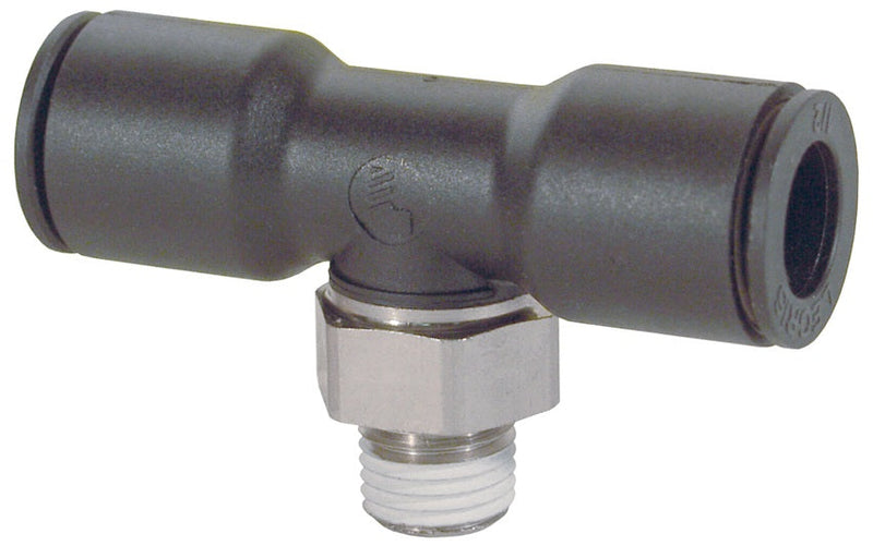 31085320 by Dixon Valve | Legris Push-In Fitting | Male Branch Tee | 1/8" Tube OD x 10-32 Male UNF x 1/8" Tube OD | Nylon / Nickel-Plated Brass