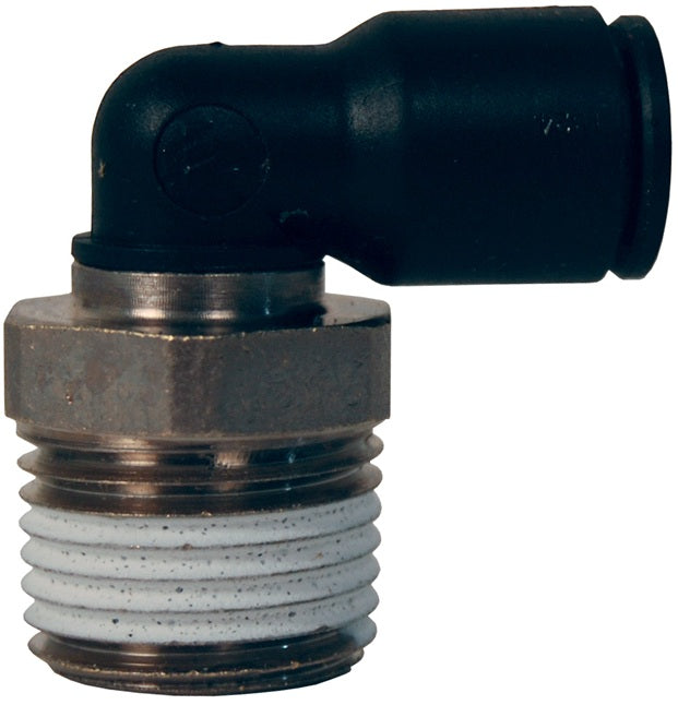 31090413 by Dixon Valve | Legris Metric Push-In Fitting | Male Connector | 90° Elbow | 4mm Tube OD x 1/4" Male BSPT | Nylon / Nickel-Plated Brass