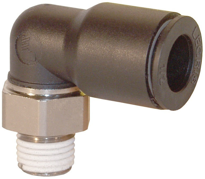 31095308 by Dixon Valve | Legris Push-In Fitting | Male Connector | 90° Elbow | 1/8" Tube OD x 1/16" Male NPT | Nylon / Nickel-Plated Brass