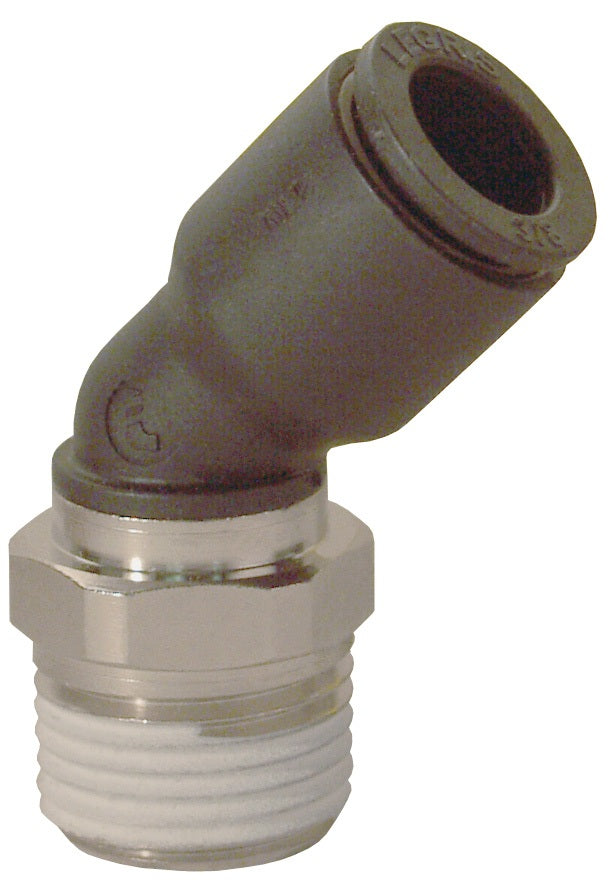31136014 by Dixon Valve | Legris Push-In Fitting | Male Connector | 45° Elbow | 3/8" Tube OD x 1/4" Male NPT | Nylon / Nickel-Plated Brass