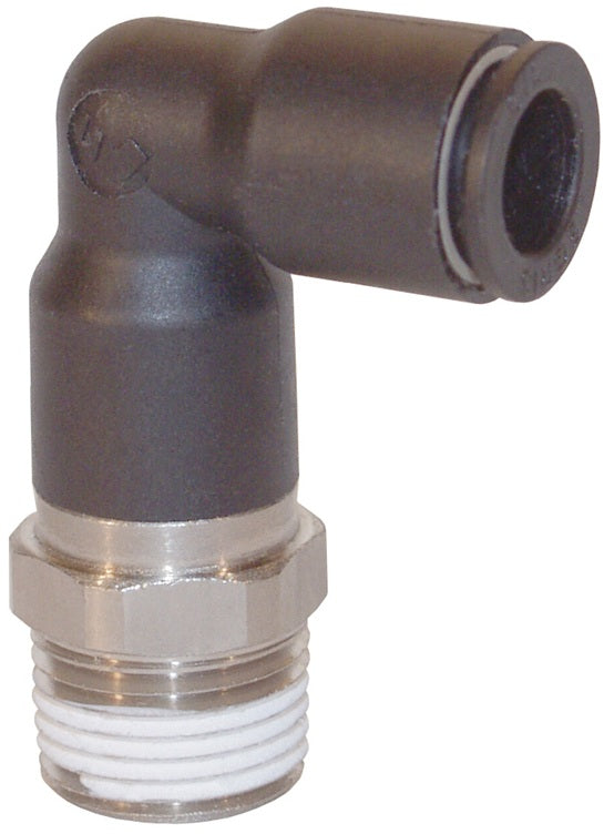 31296018 by Dixon Valve | Legris Push-In Fitting | Extended Male Connector | 90° Elbow | 3/8" Tube OD x 3/8" Male NPT | Nylon / Nickel-Plated Brass